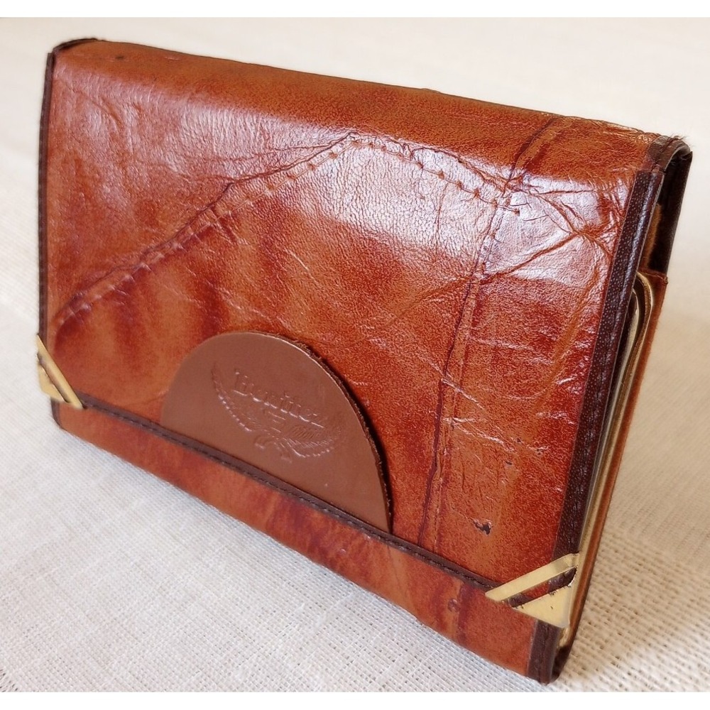 VTG Benitez Leather Wallet W/Brass Corners/Change Compartment Tri-Fold and Snap